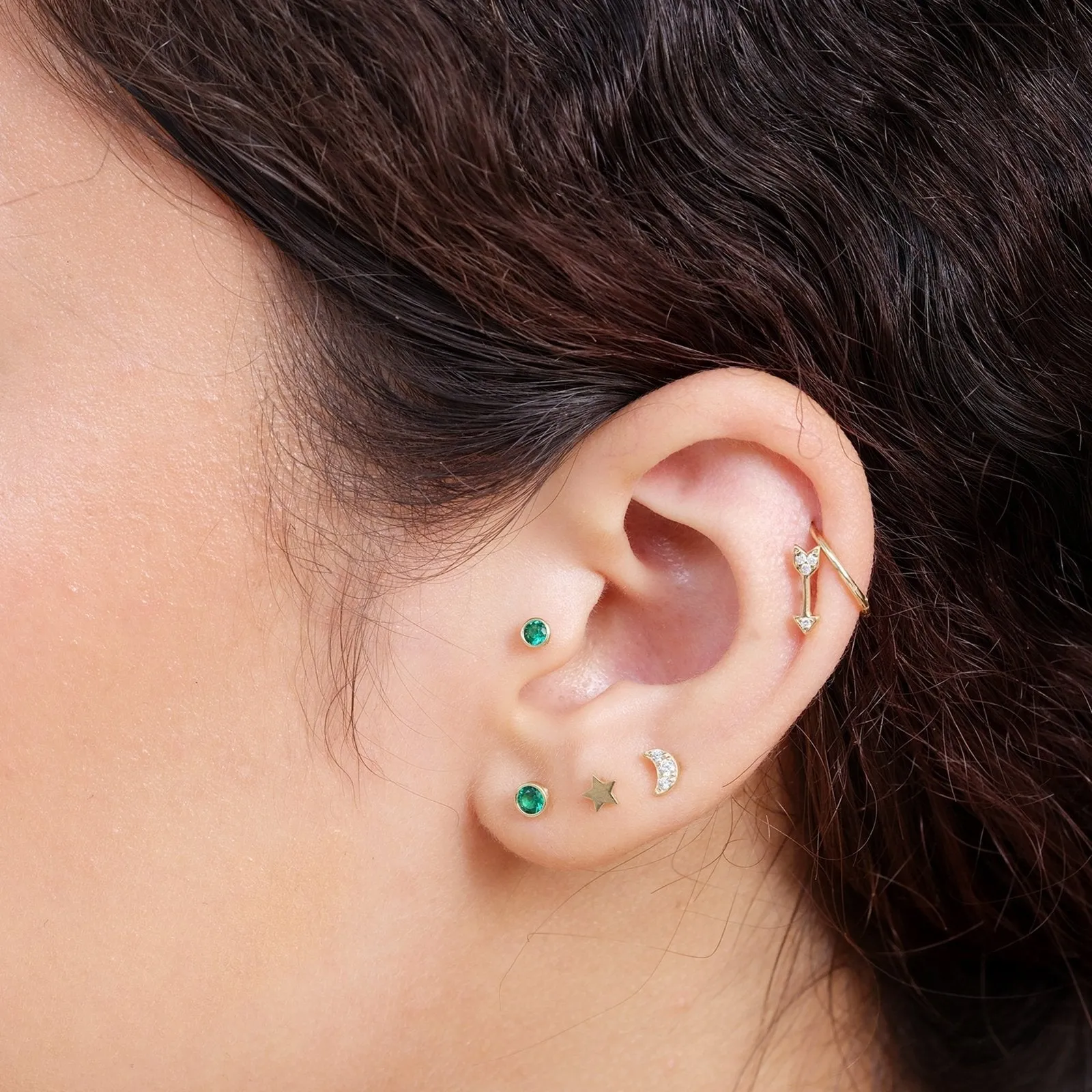 14K Gold Emerald Bezel Tragus Cartilage Helix Internally threaded Flat Back Labret Earring Stud