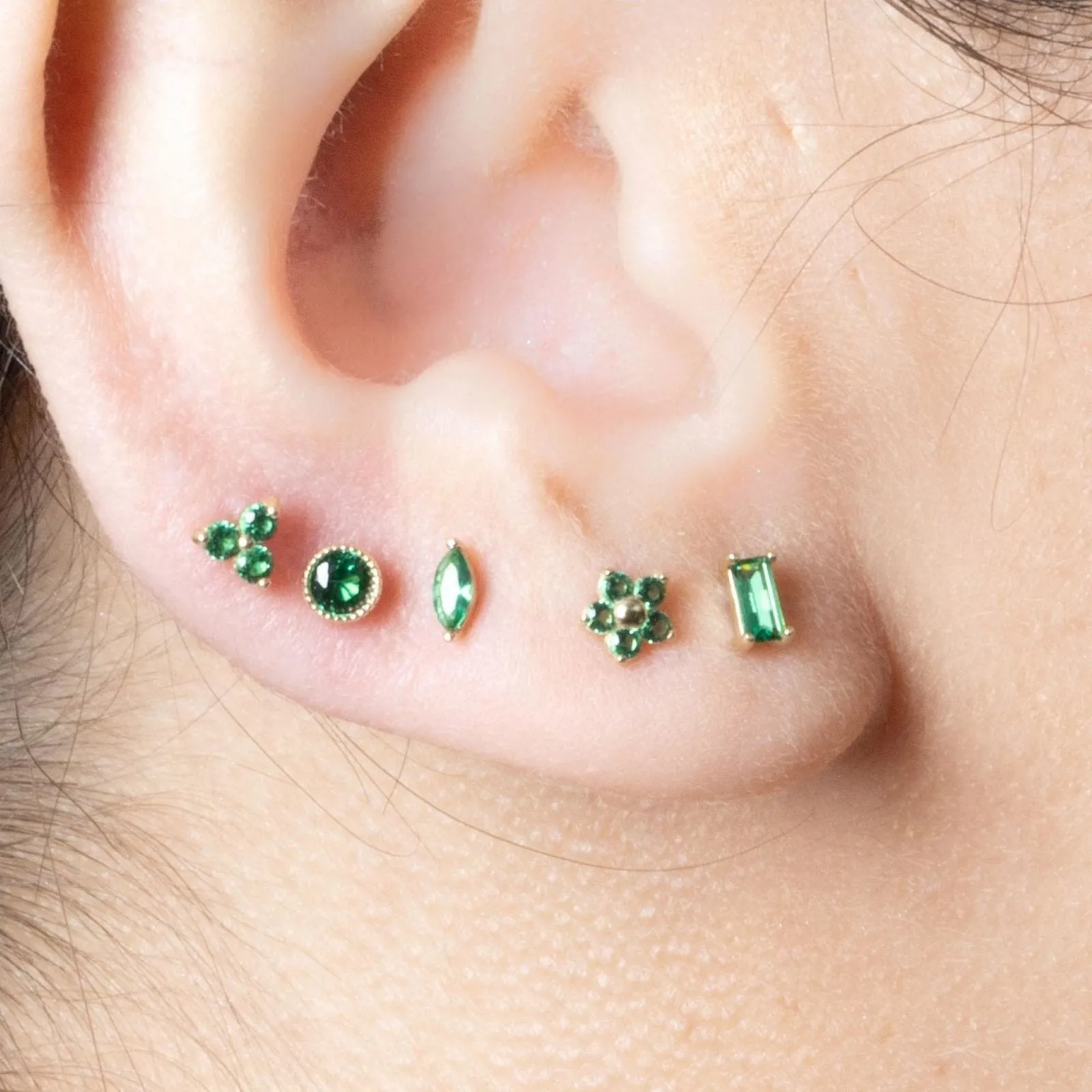 14K Gold Emerald Bezel Tragus Cartilage Helix Internally threaded Flat Back Labret Earring Stud