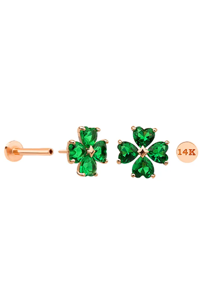 14K Gold Emerald Clover Internally Threaded Flat Back Earring Labret Stud