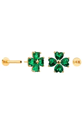 14K Gold Emerald Clover Internally Threaded Flat Back Earring Labret Stud