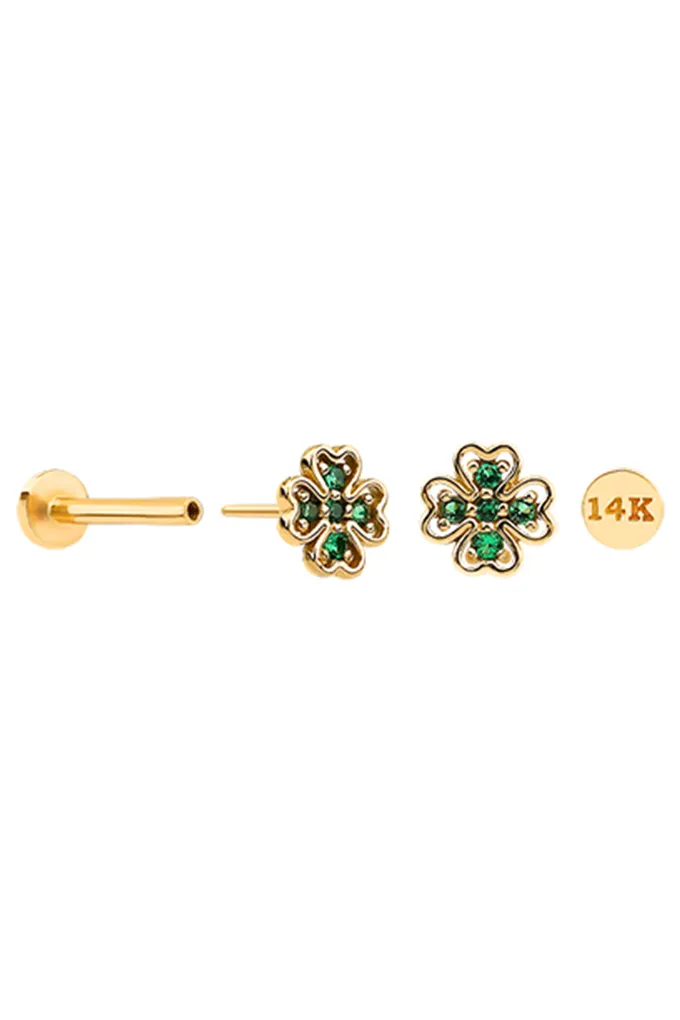 14K Gold Emerald CZ or Natural Emerald Clover Internally Threaded Flat Back Earring Labret