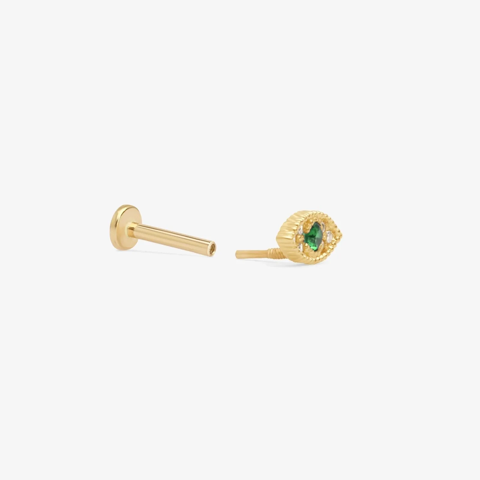 14k Gold Emerald Evil Eye Tragus Helix Internally Threaded Flat Back Earring Labret Stud