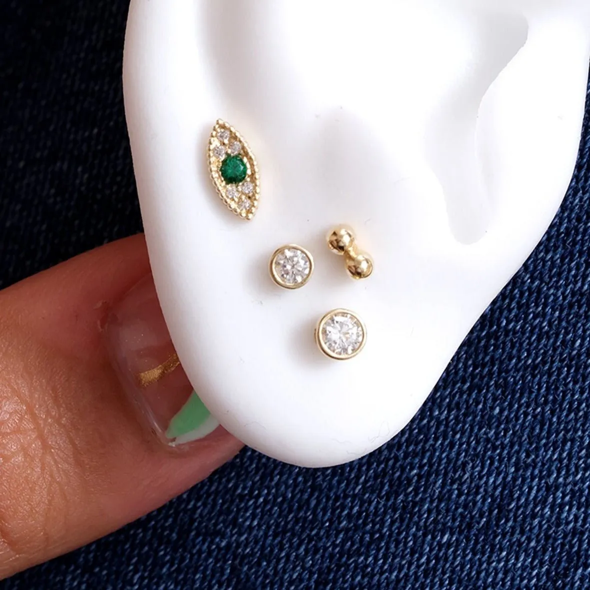 14k Gold Emerald Evil Eye Tragus Helix Internally Threaded Flat Back Earring Labret Stud