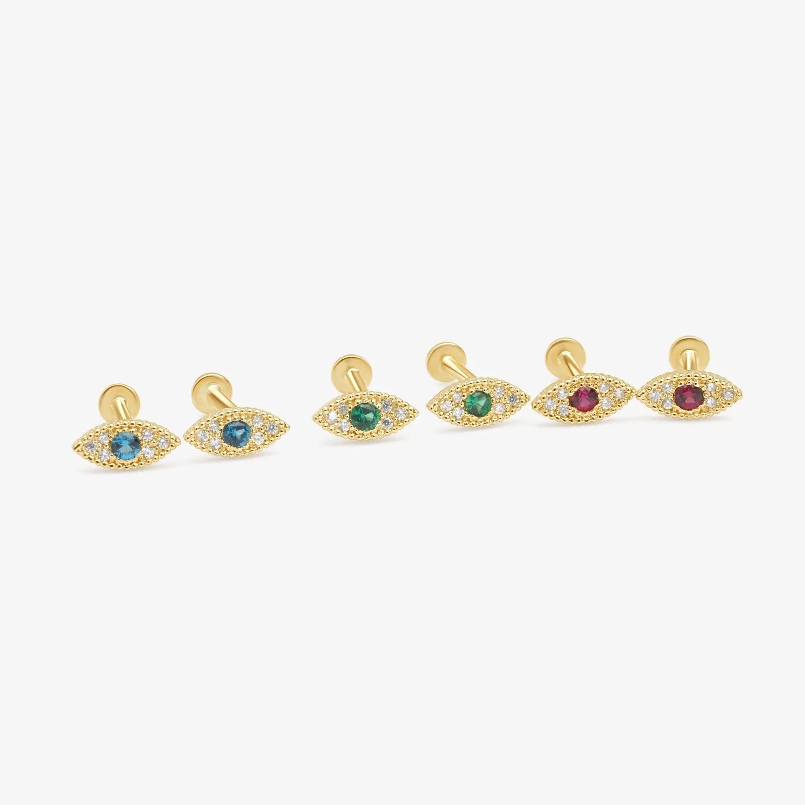 14k Gold Emerald Evil Eye Tragus Helix Internally Threaded Flat Back Earring Labret Stud