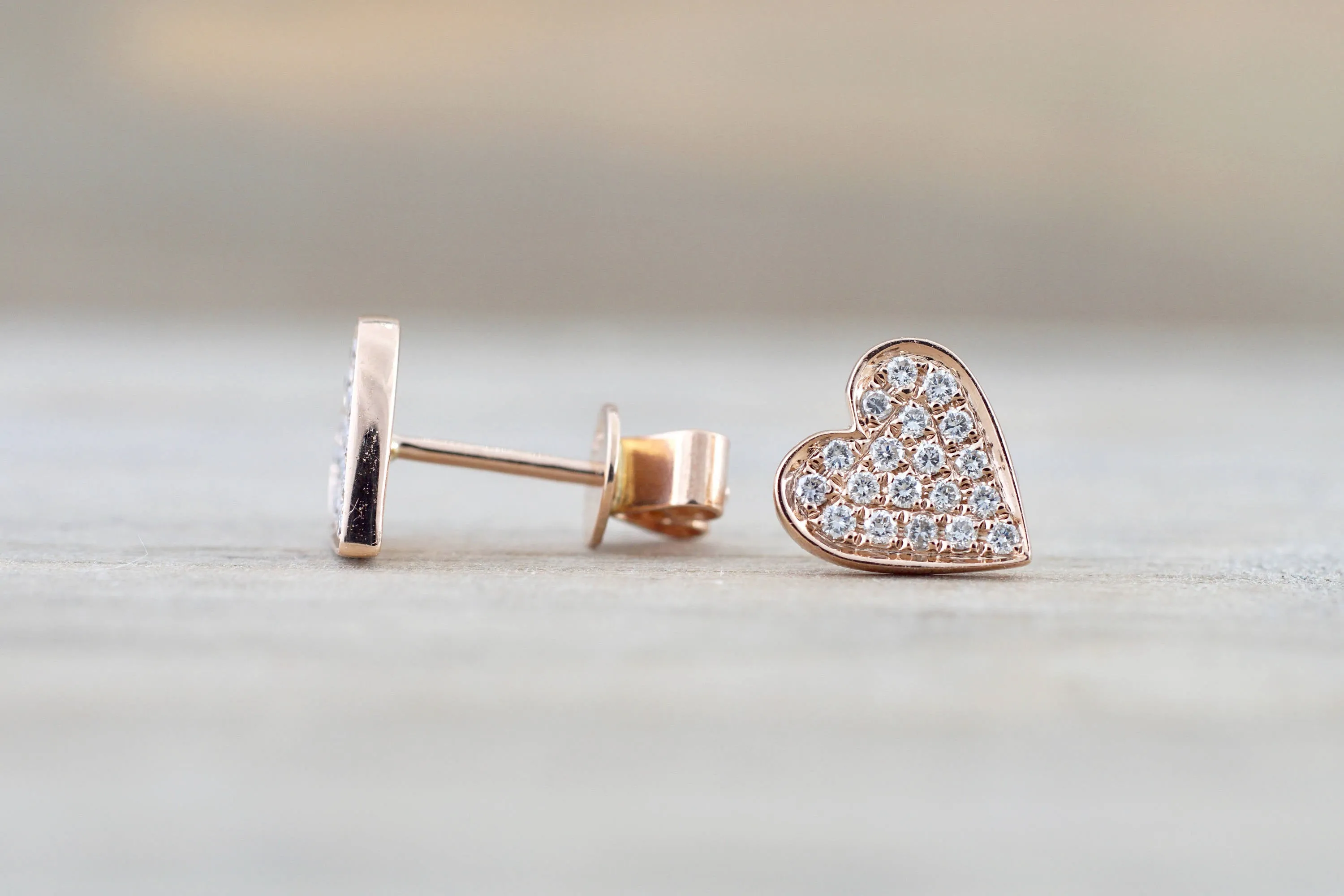 14k Rose Gold Disk Design Heart Diamond Earrings Stud Post Studs Round Micro Pave Flat