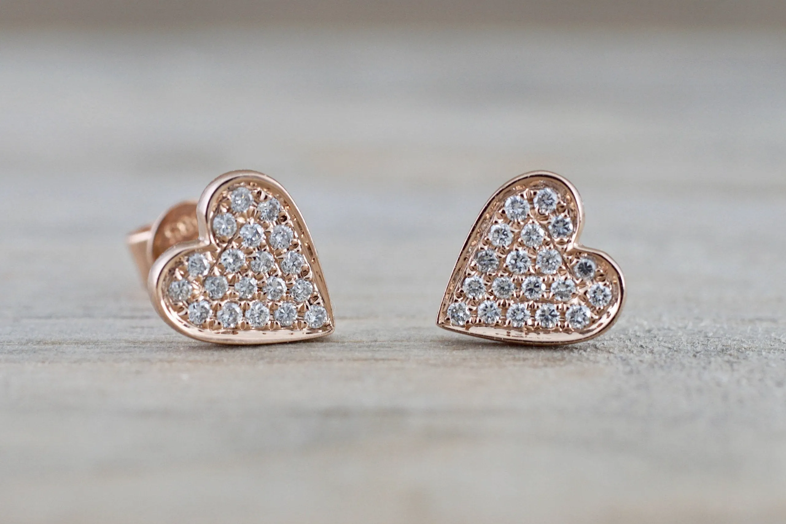 14k Rose Gold Disk Design Heart Diamond Earrings Stud Post Studs Round Micro Pave Flat