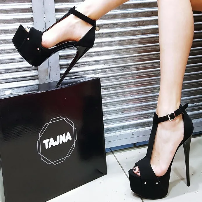 Black Faux Suede Upright Stap Platform Heels