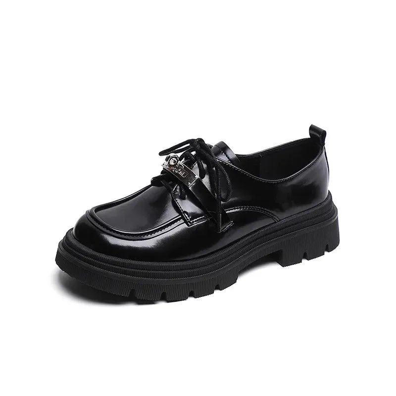 Black Leather Loafers with Heel - W805-2 British Style Women's Casual Shoes