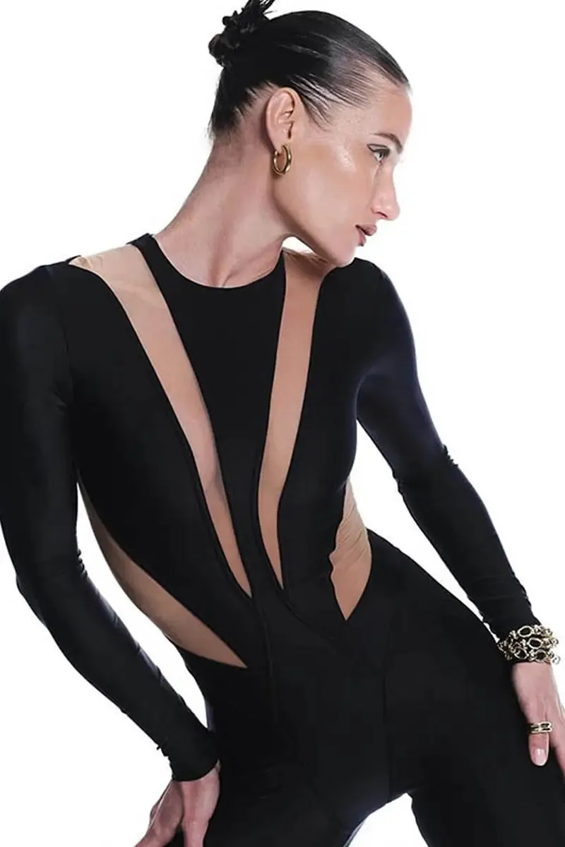 Black Round Neck Mesh Patchwork Jumpsuit Long Sleeve