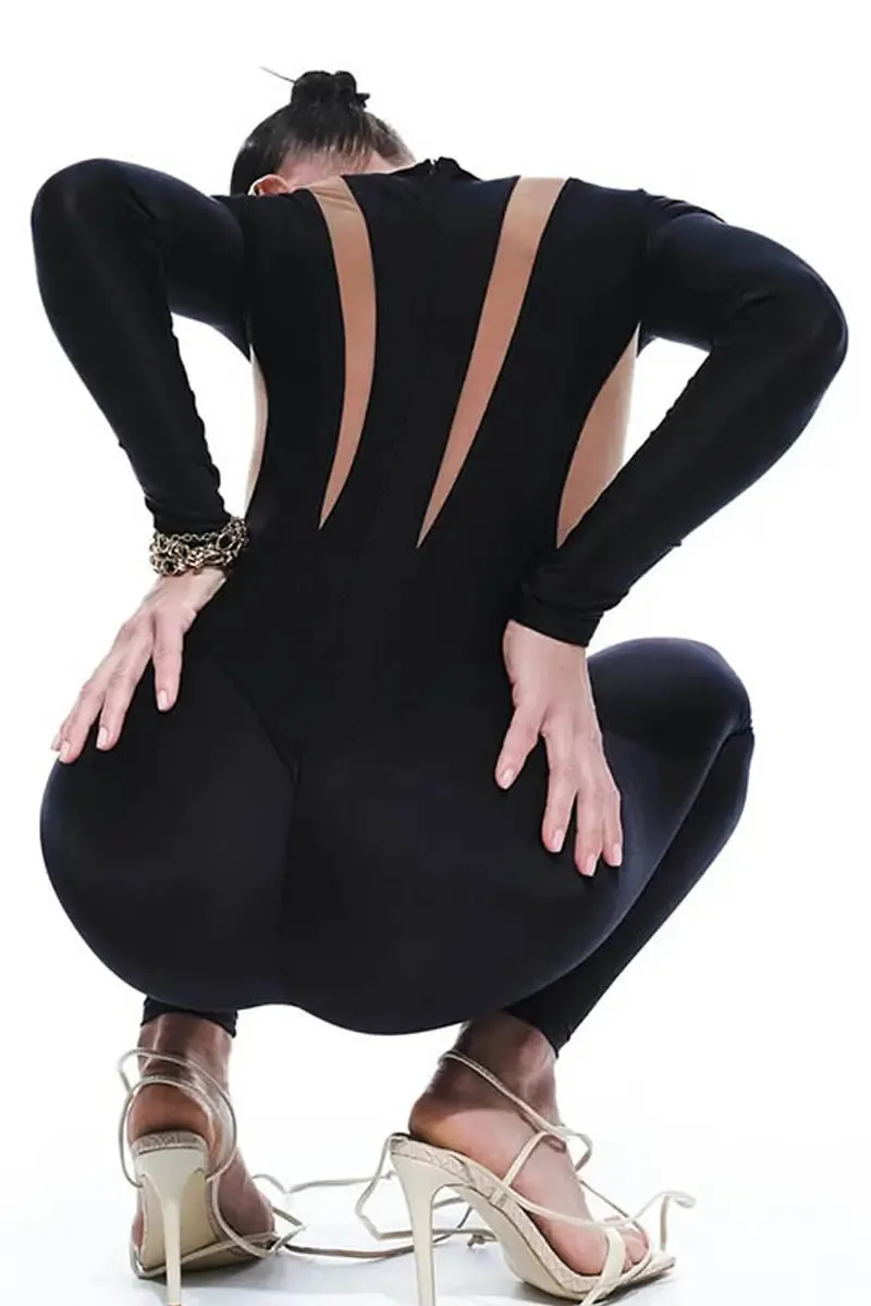 Black Round Neck Mesh Patchwork Jumpsuit Long Sleeve