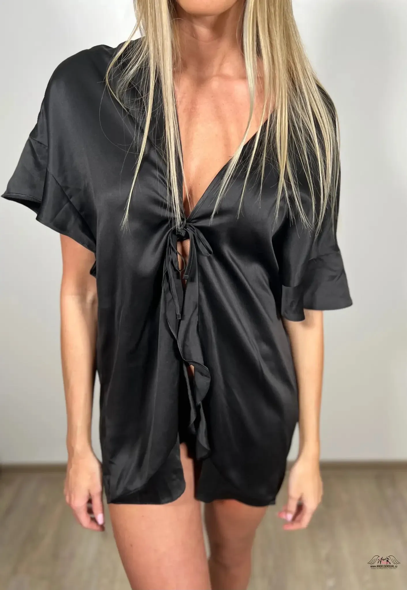 Black Satin Kimono Very Wrap Ruffle Robe