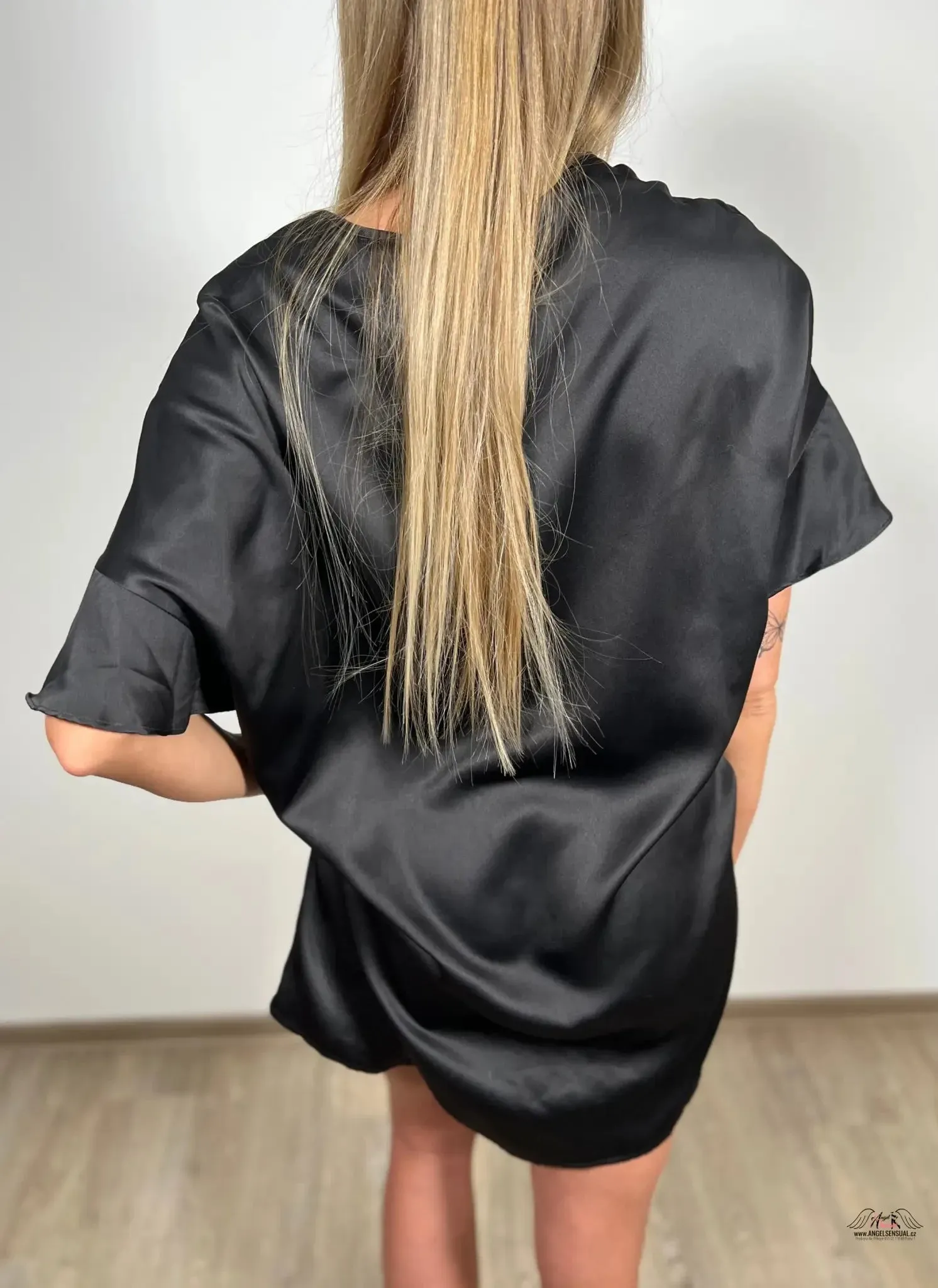 Black Satin Kimono Very Wrap Ruffle Robe