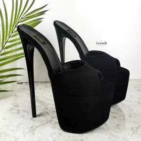 Black Suede High Heel Mules