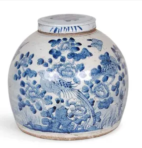 Blue and White Reproduction Jar with Bird and Flowers