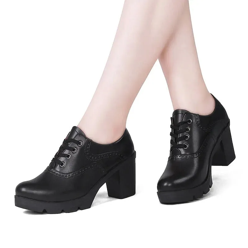 Casual Round Toe Lace-up Square Heel Wedge Shoes for Women