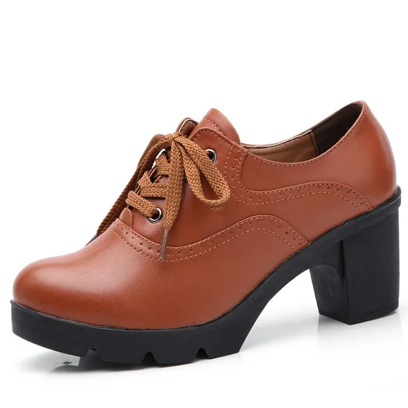 Casual Round Toe Lace-up Square Heel Wedge Shoes for Women