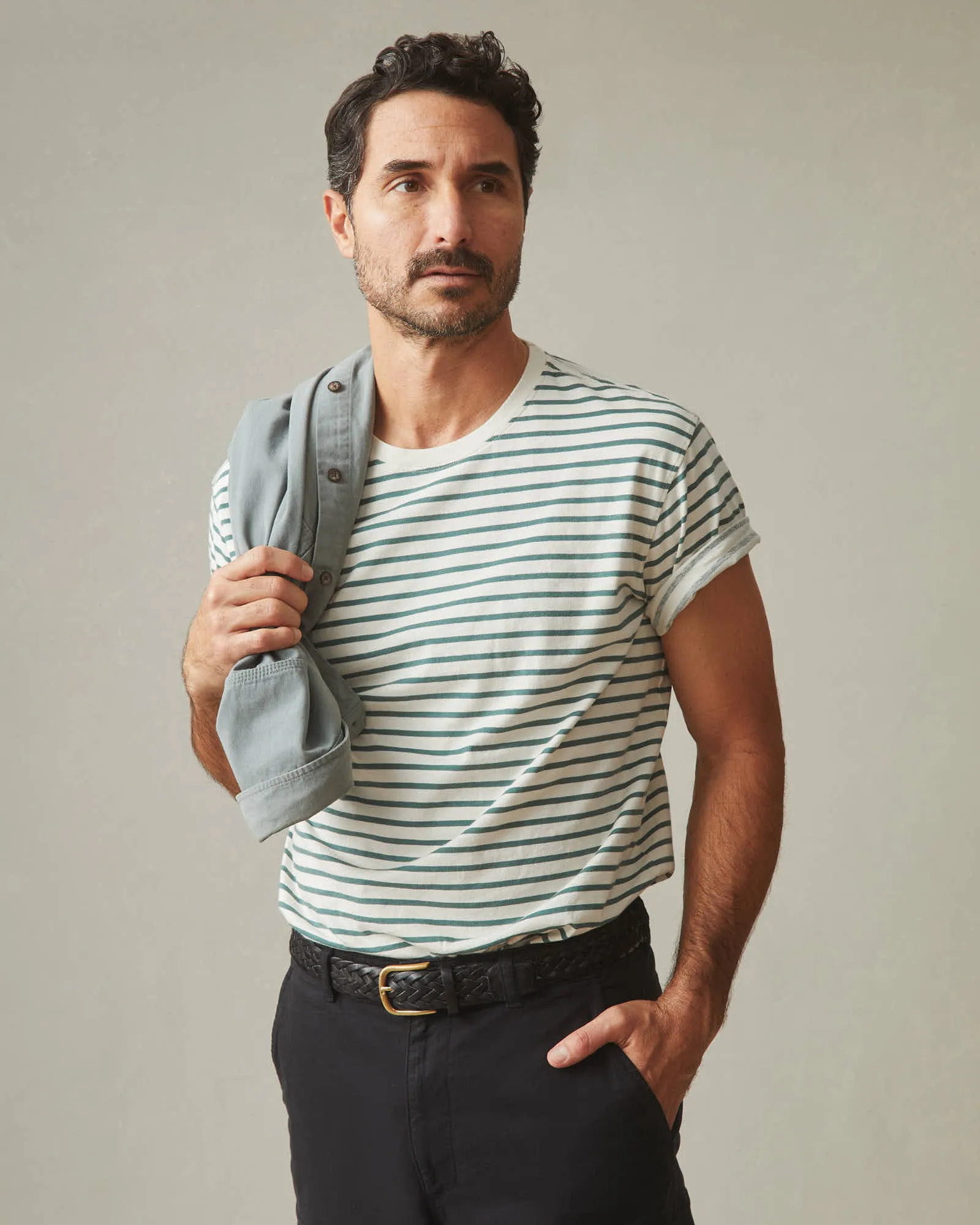 Classic Cotton Crew Tee Striped - Sagebrush Green Stripe