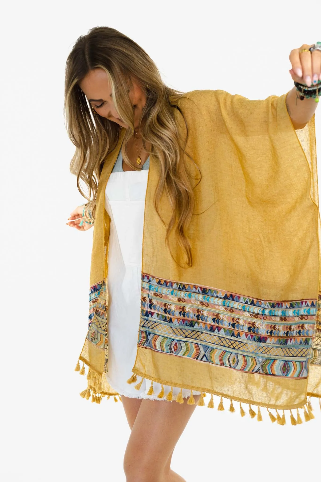 Fallon Embroidered Sleeve Kimono - Mustard