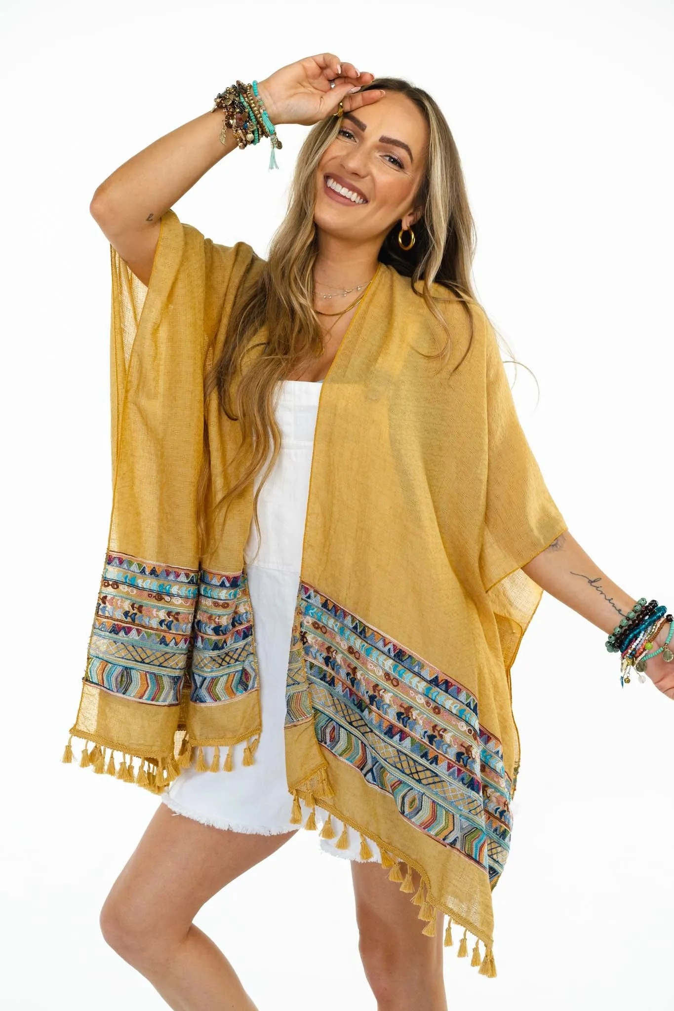 Fallon Embroidered Sleeve Kimono - Mustard