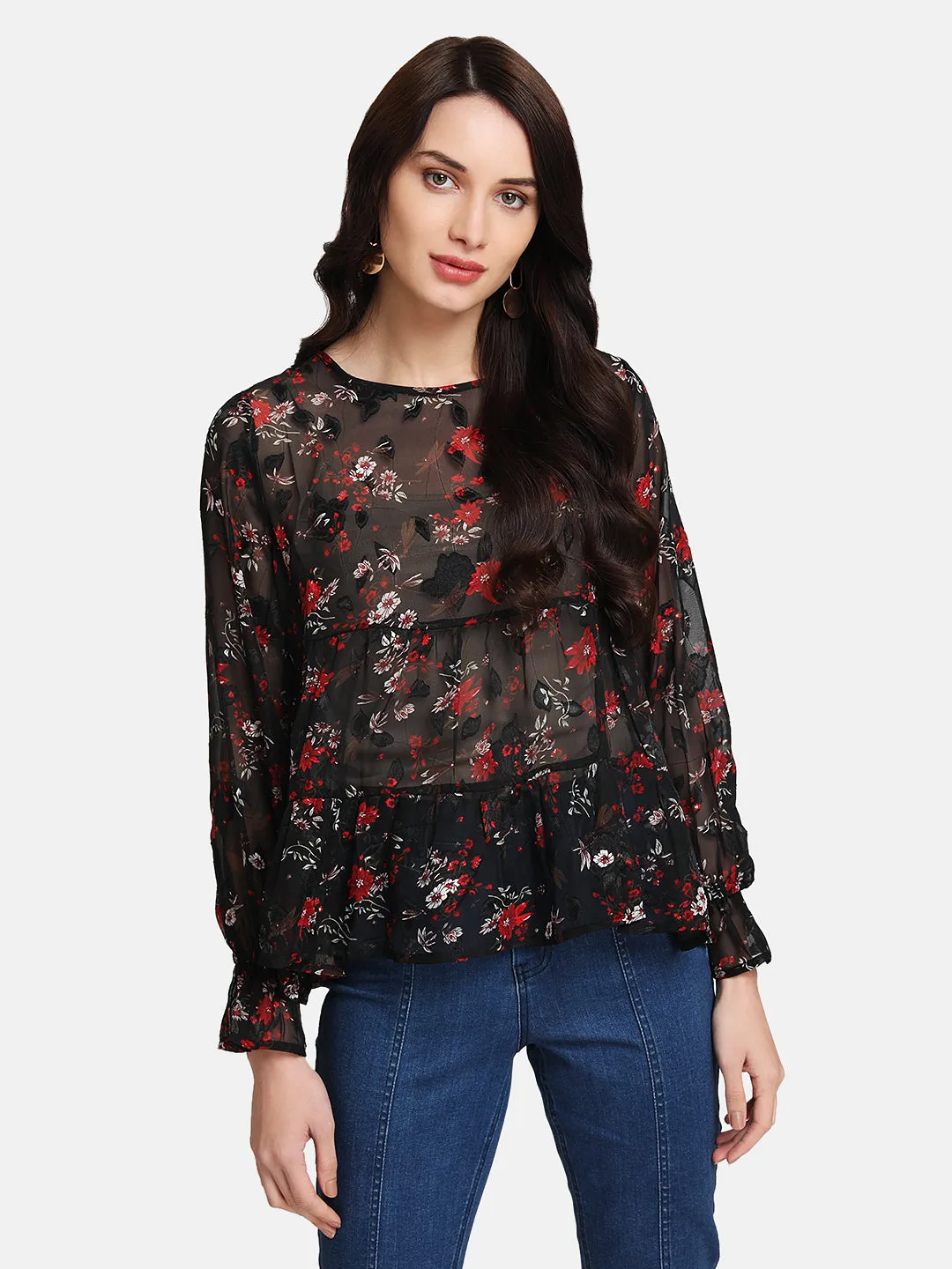 Floral Printed Jacquard Tiered Top