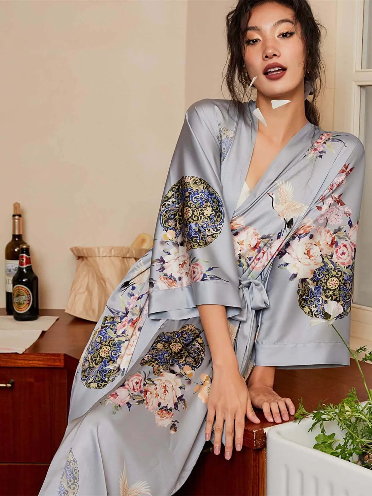 Garden Crane Gray Kimono Robe