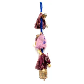 Hanging Strand of Hand Hammered Indian Bells with Upcycled Sari Accents