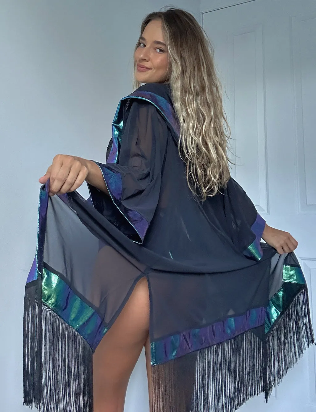 HOODED MESH AND HOLO FRINGED KIMONO - BLACK/OIL SLICK