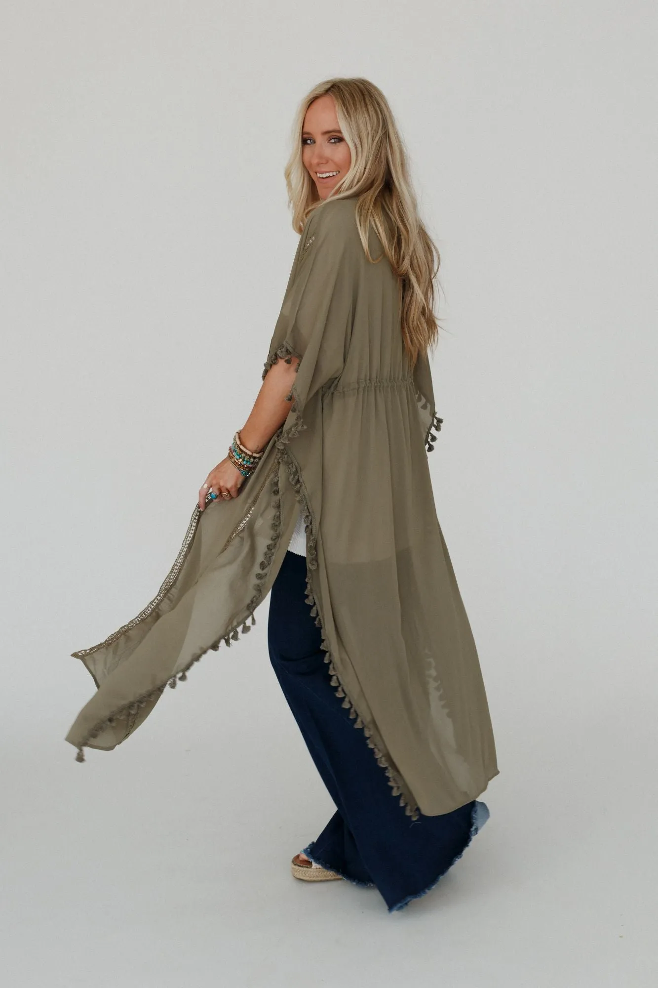 Infinite Sunrise Tassel Tie Kimono - Sage Green