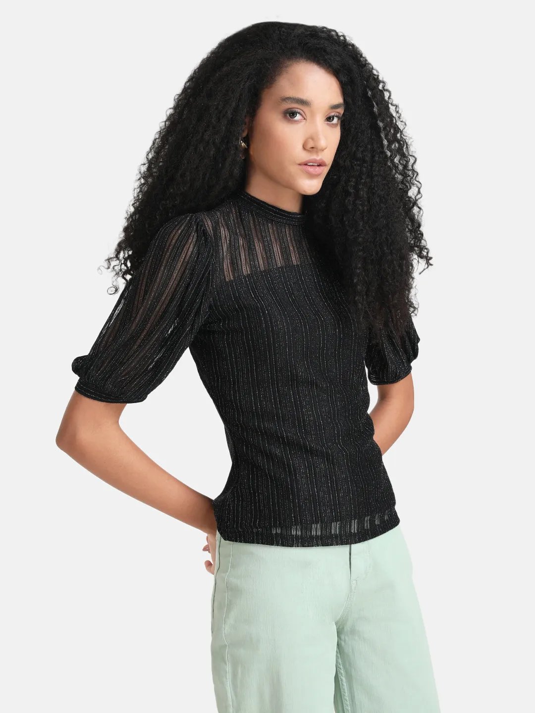 Lurex Stripe Top With Puff Sleeves