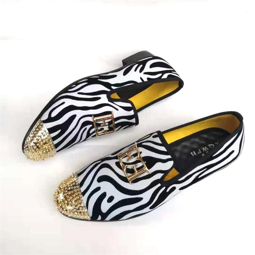 Men's Autumn Black White Synthetic Leather Gold Metal Toe Loafers