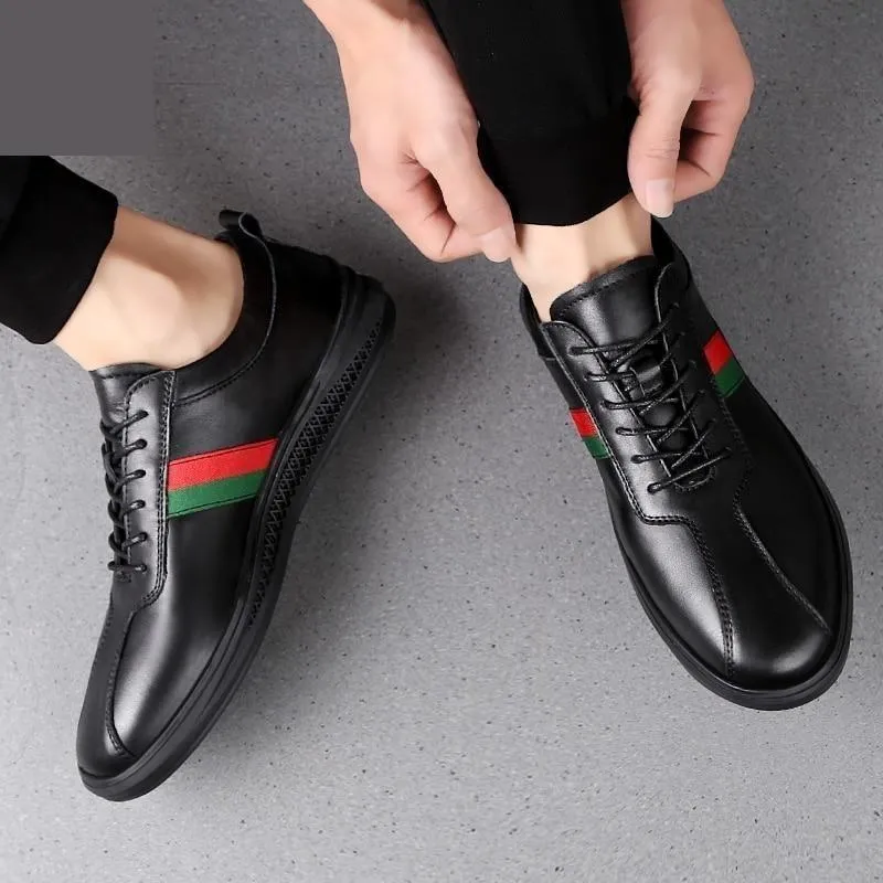 Men's Comfortable Casual Genuine Cow Leather Flats Soft Lace-Up Shoes