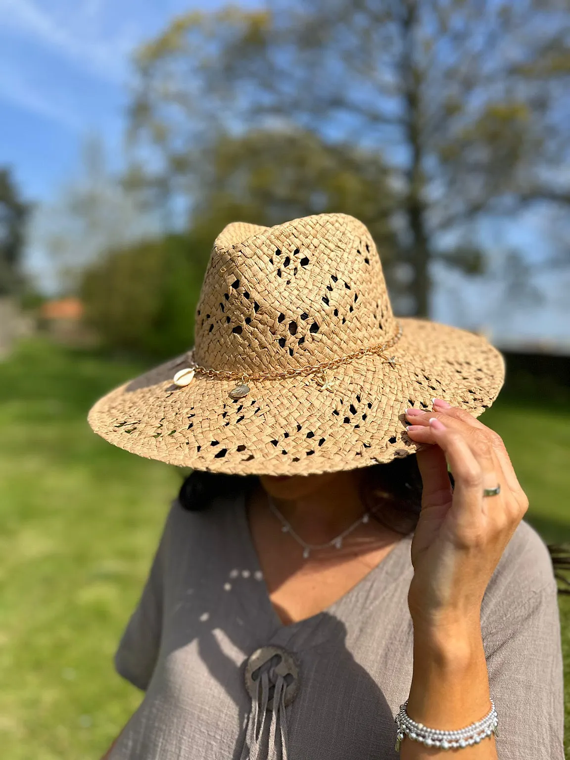 Natural Straw Weave Multi Charm Hat