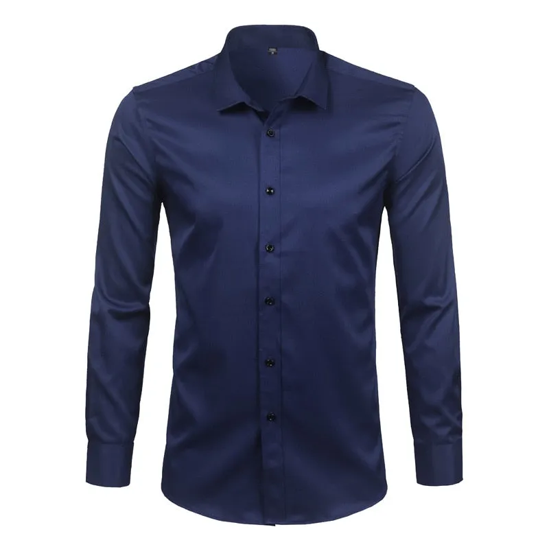 Navy Blue Non Iron Slim Fit Bamboo Fiber Long Sleeve Shirt for Men