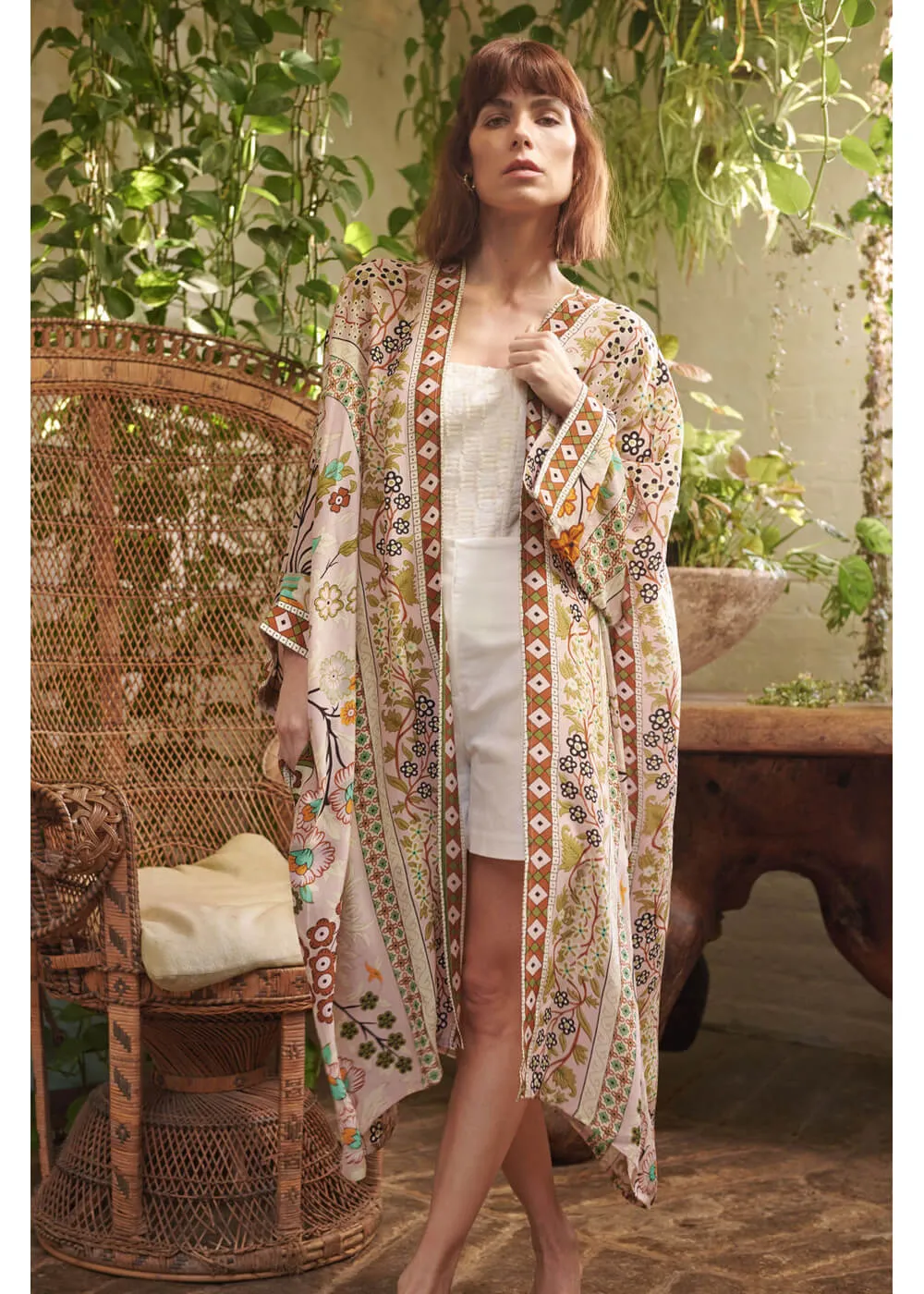 One Hundred Stars Flower Arch Long Kimono Sage