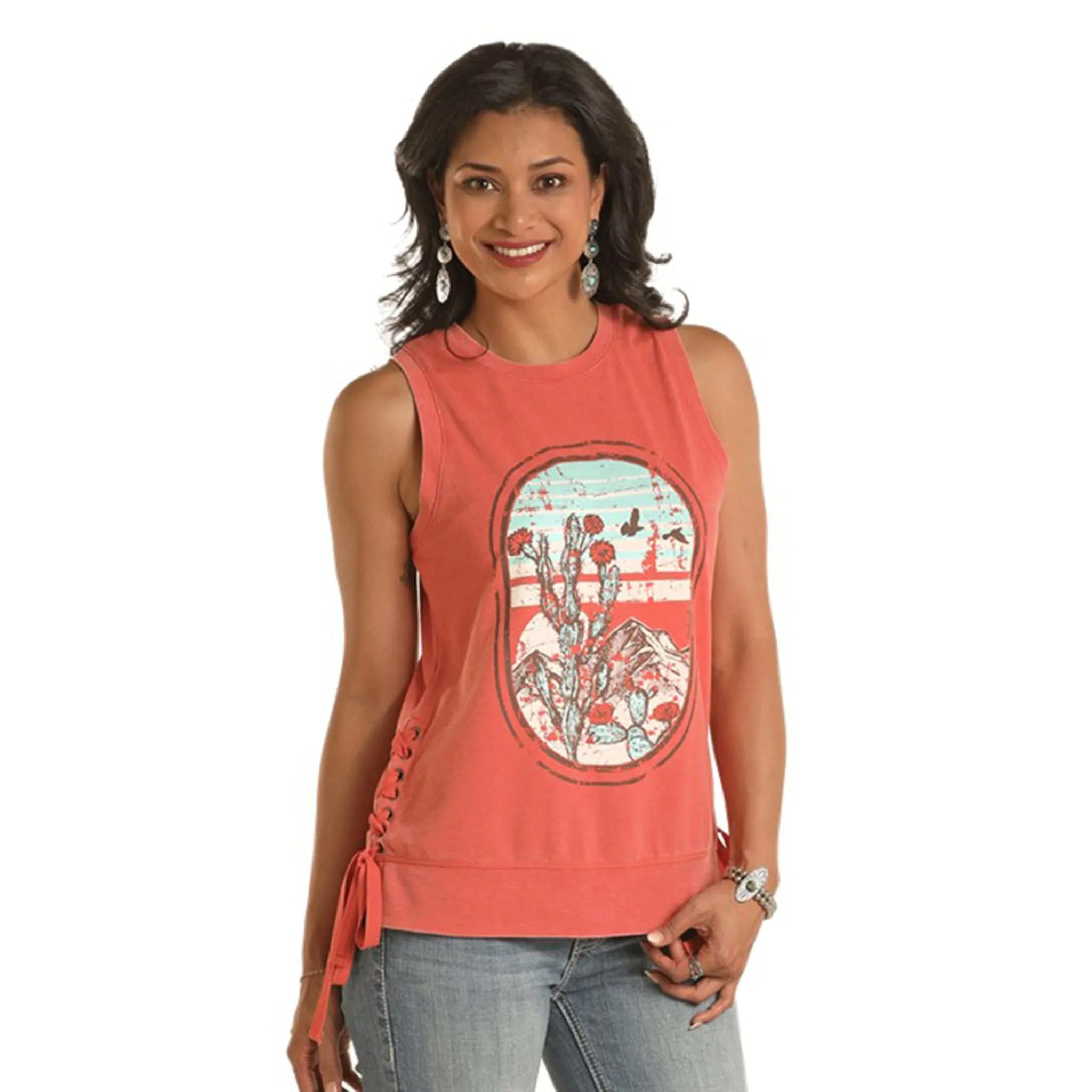 Panhandle Women's Graphic Coral Side Lace Up Side Seam Tank