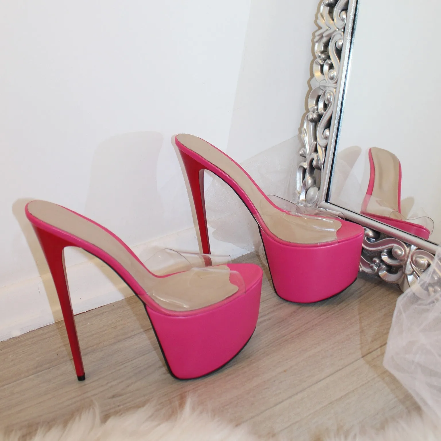 Pink Tranparent High Heel Platform Mules