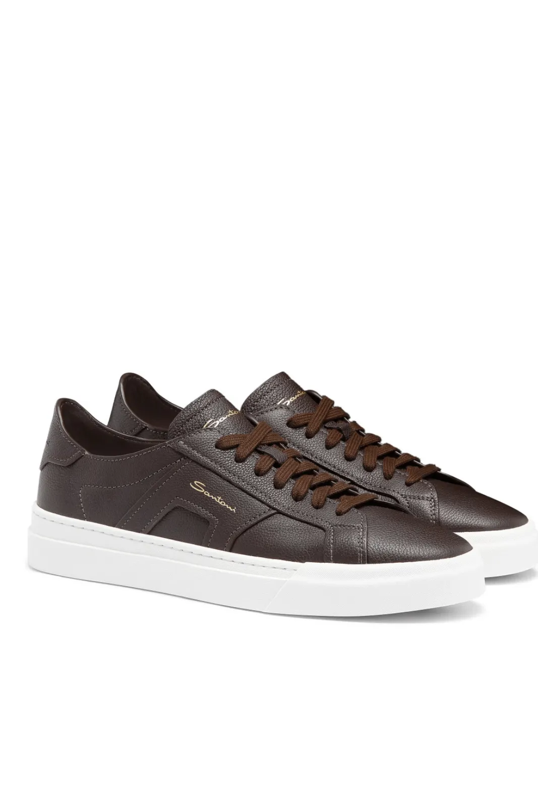 Santoni Double Buckle Sneaker for men in dark brown tumbled leather