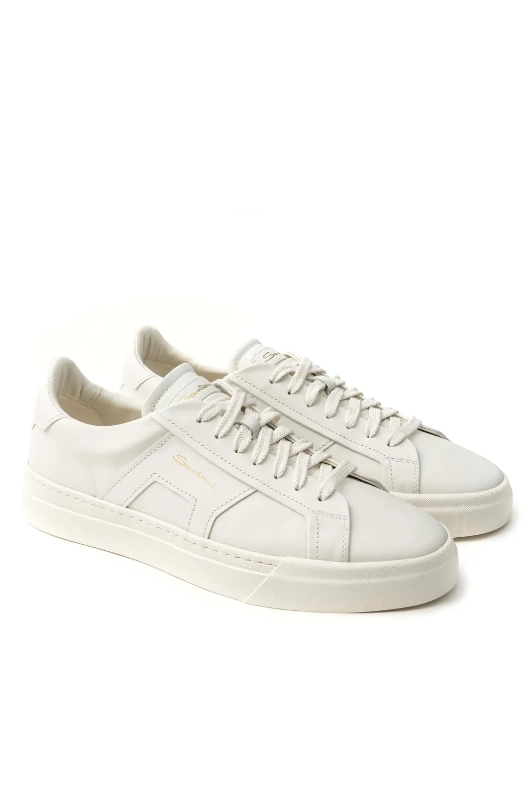 Santoni Men White Leather Double Buckle Sneaker