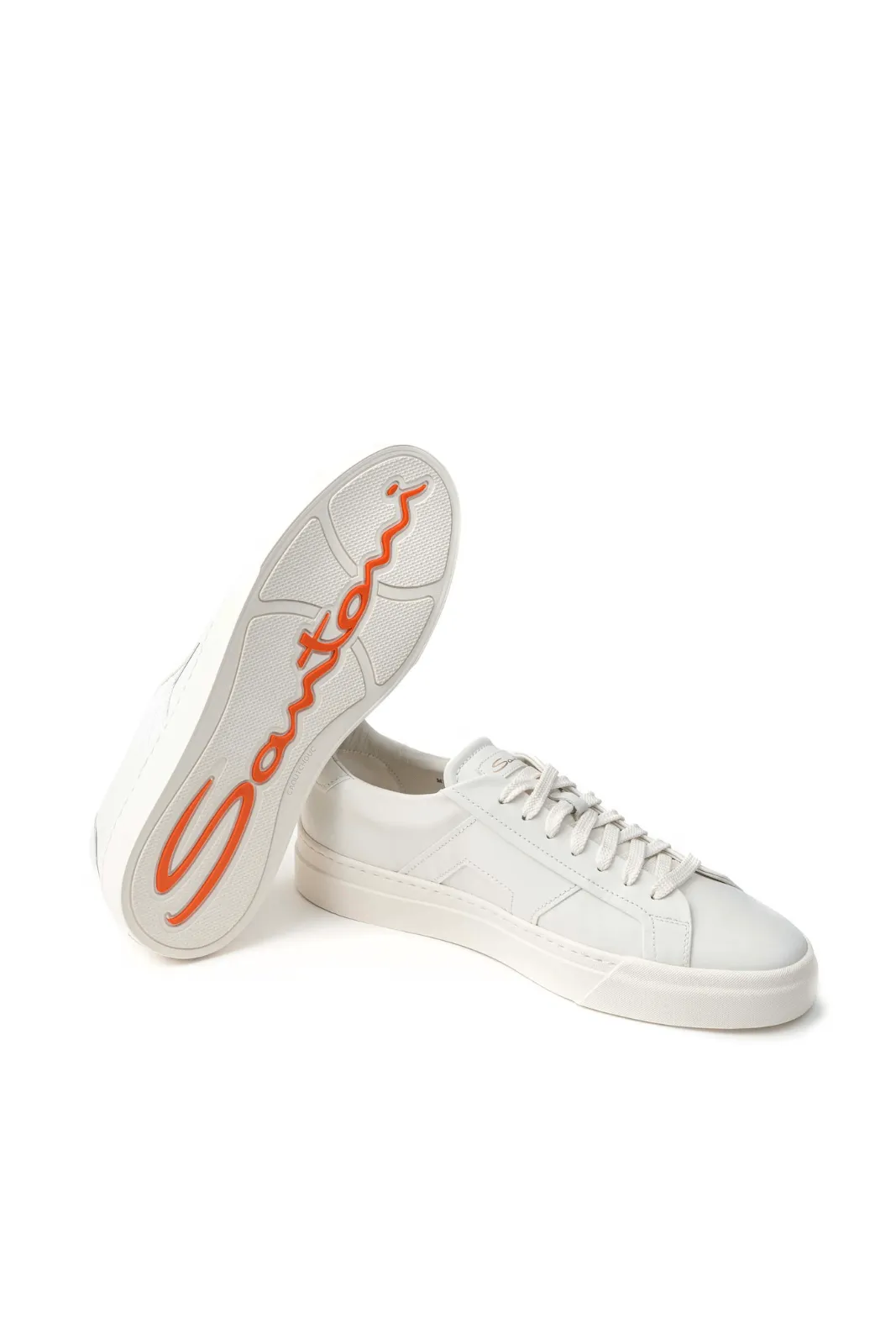 Santoni Men White Leather Double Buckle Sneaker