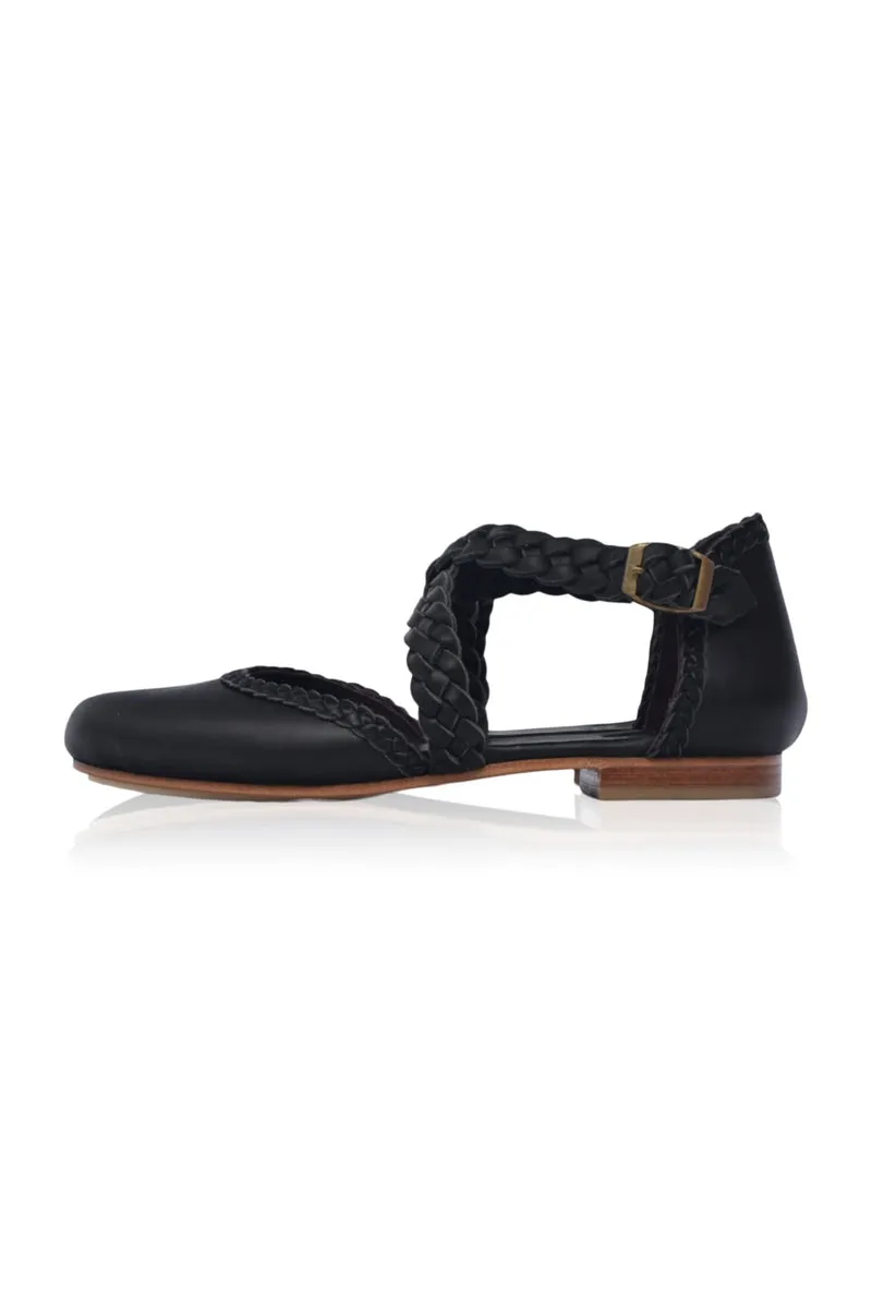 Tallulah Braided Leather Flats in Black