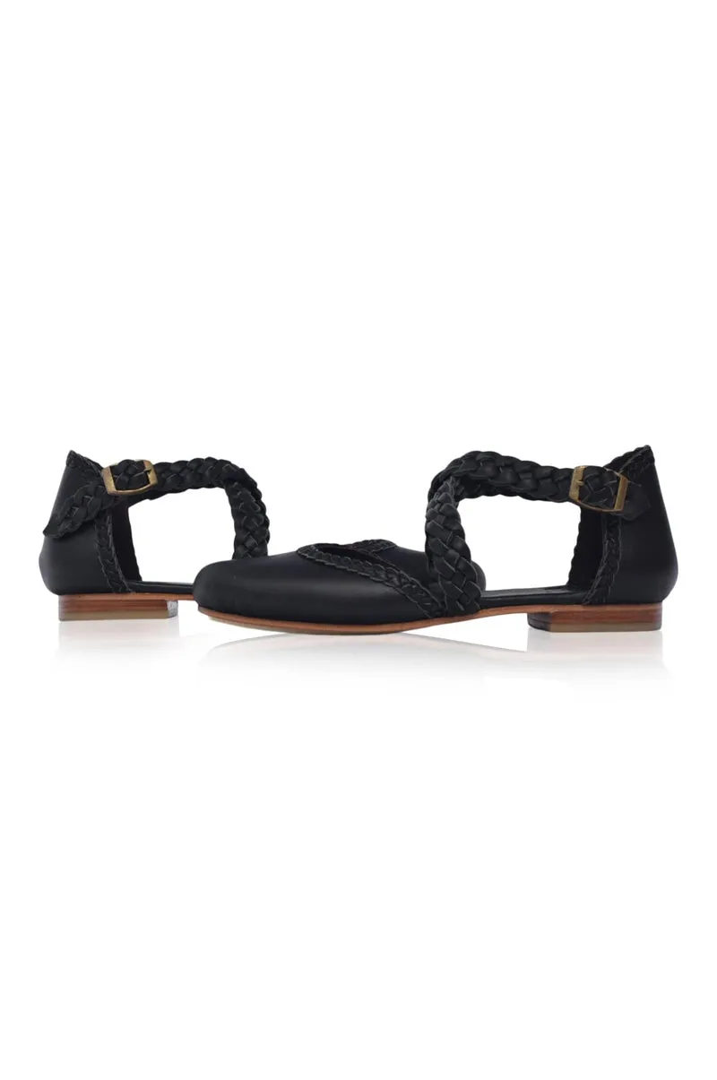 Tallulah Braided Leather Flats in Black