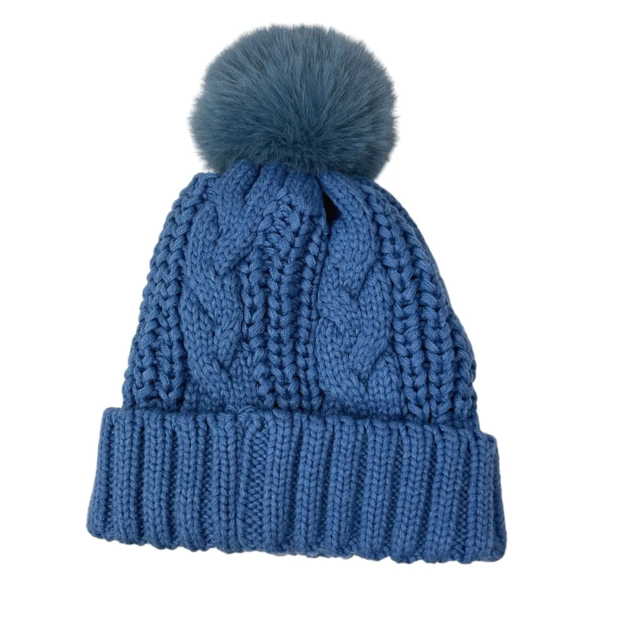 UGG Women's Blue Cable Knit Faux Fur Pompom Logo Patch Beanie Hat One Size