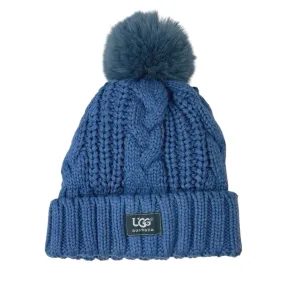 UGG Women's Blue Cable Knit Faux Fur Pompom Logo Patch Beanie Hat One Size