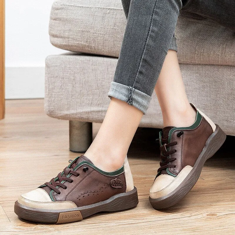 Women's Breathable Genuine Leather Lace-up Casual Flats Sneakers Shoes on Clearance