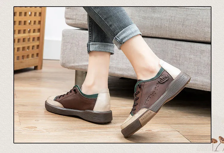 Women's Breathable Genuine Leather Lace-up Casual Flats Sneakers Shoes on Clearance