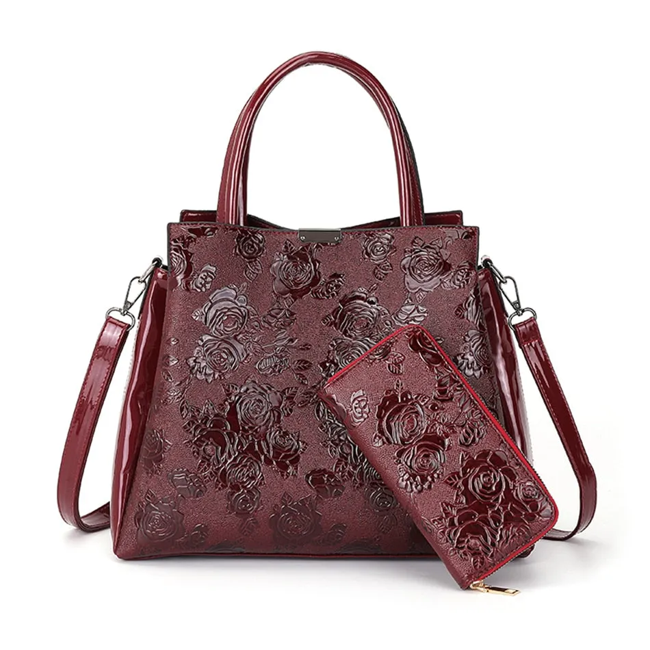 Women's Casual Patent Leather Floral Printed Dating Crossbody Tote Handbags