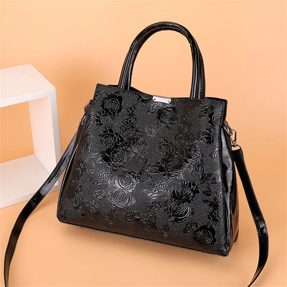 Women's Casual Patent Leather Floral Printed Dating Crossbody Tote Handbags