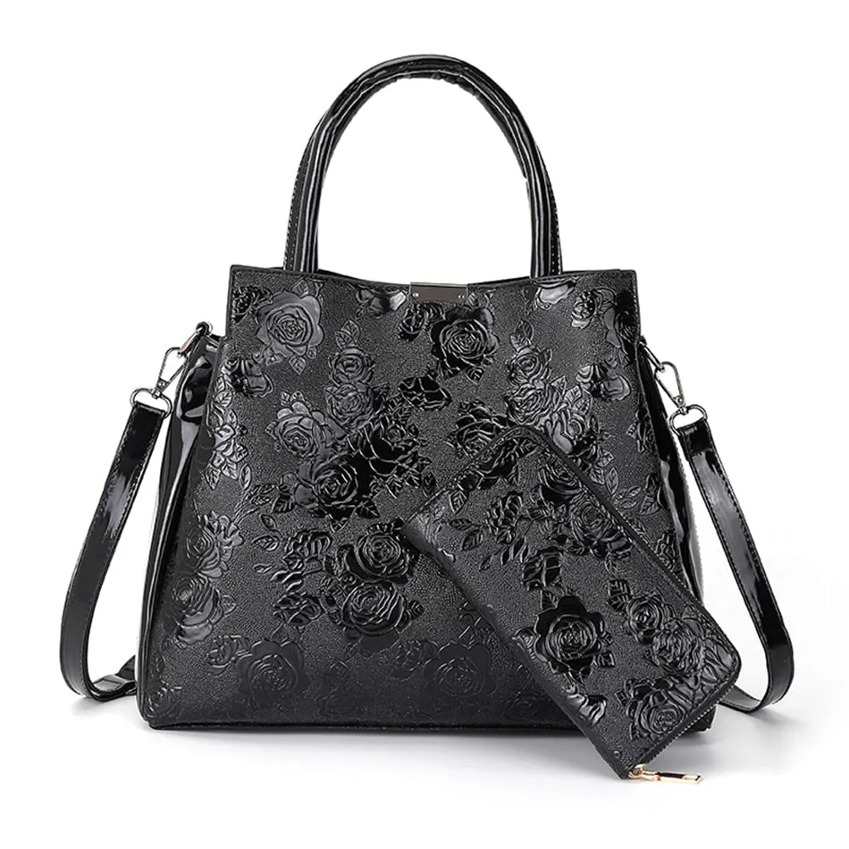 Women's Casual Patent Leather Floral Printed Dating Crossbody Tote Handbags