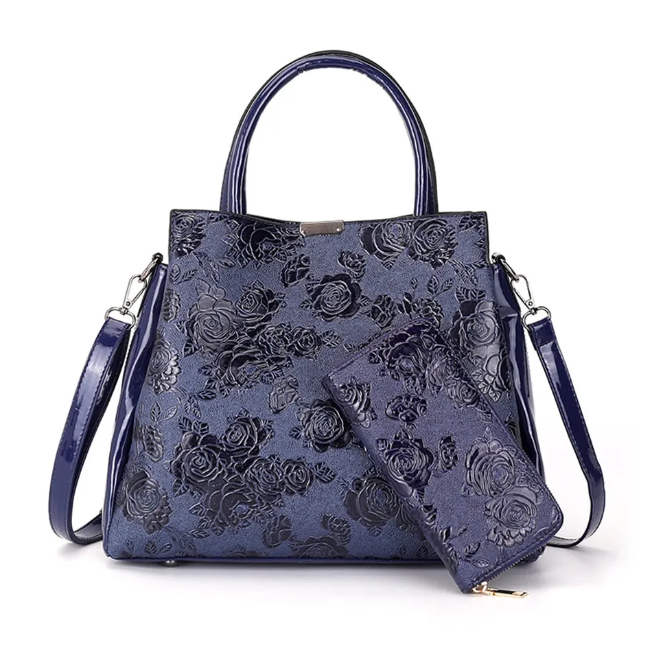 Women's Casual Patent Leather Floral Printed Dating Crossbody Tote Handbags