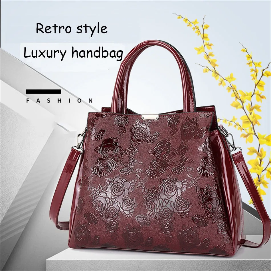 Women's Casual Patent Leather Floral Printed Dating Crossbody Tote Handbags